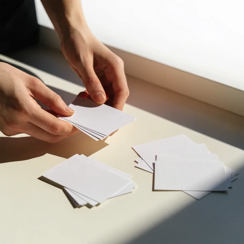 A closed notebook and pen on a light table with a hard shadow line