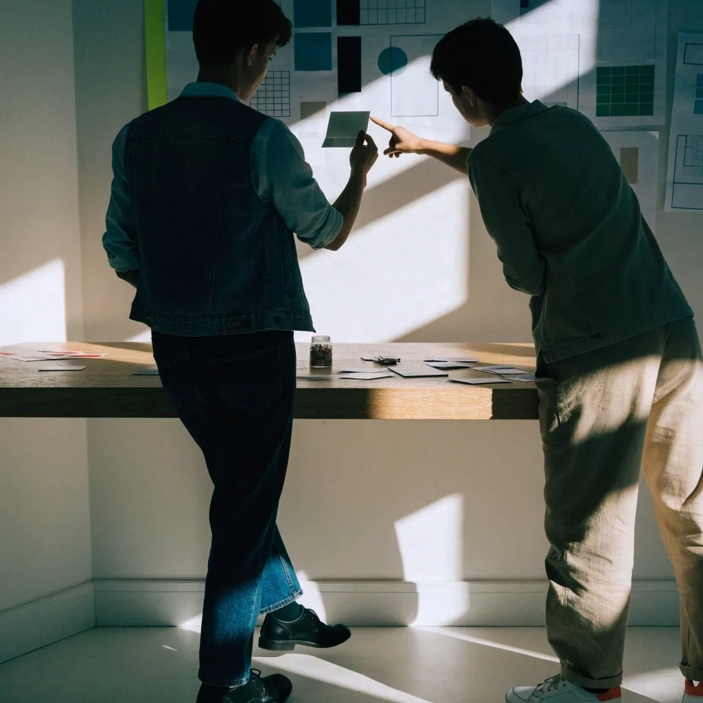Consultant walking a client through a page layout in a bright studio