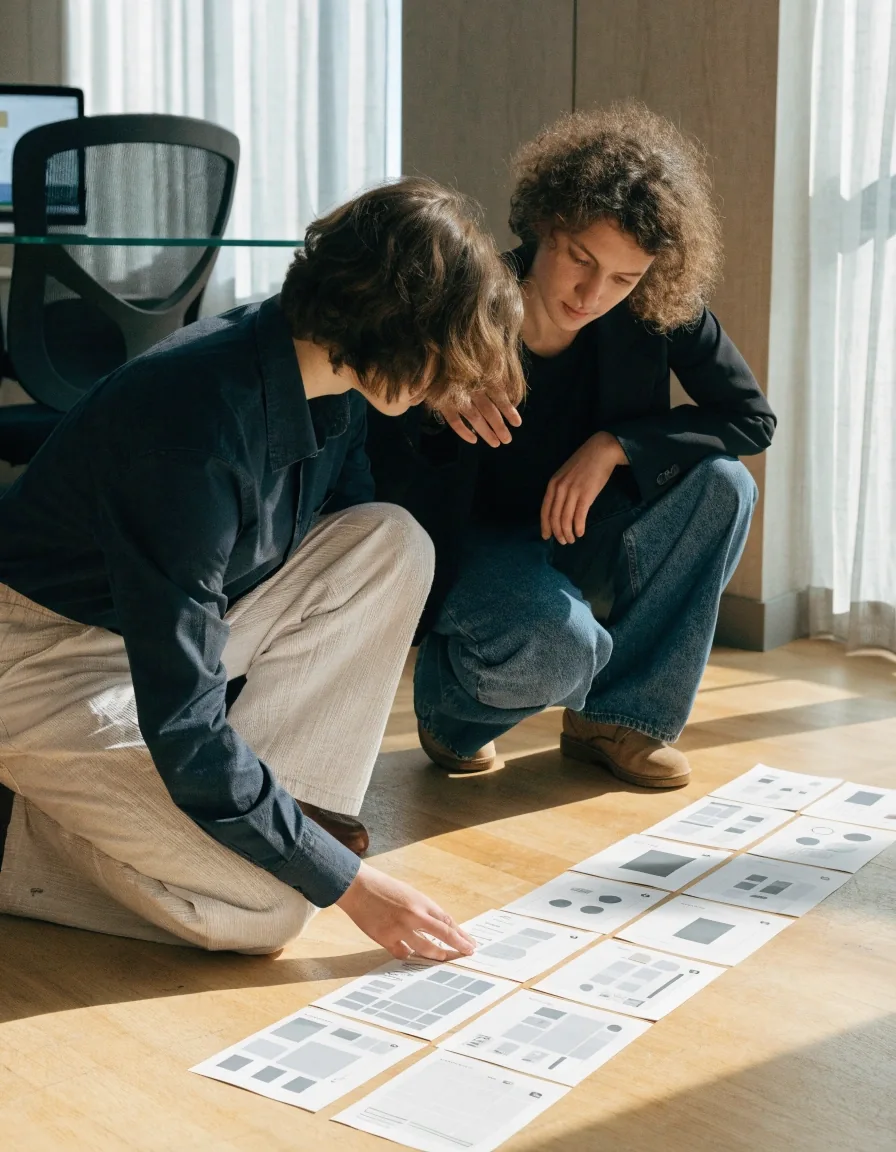 Designer arranging printed wireframe sheets on a bright desk