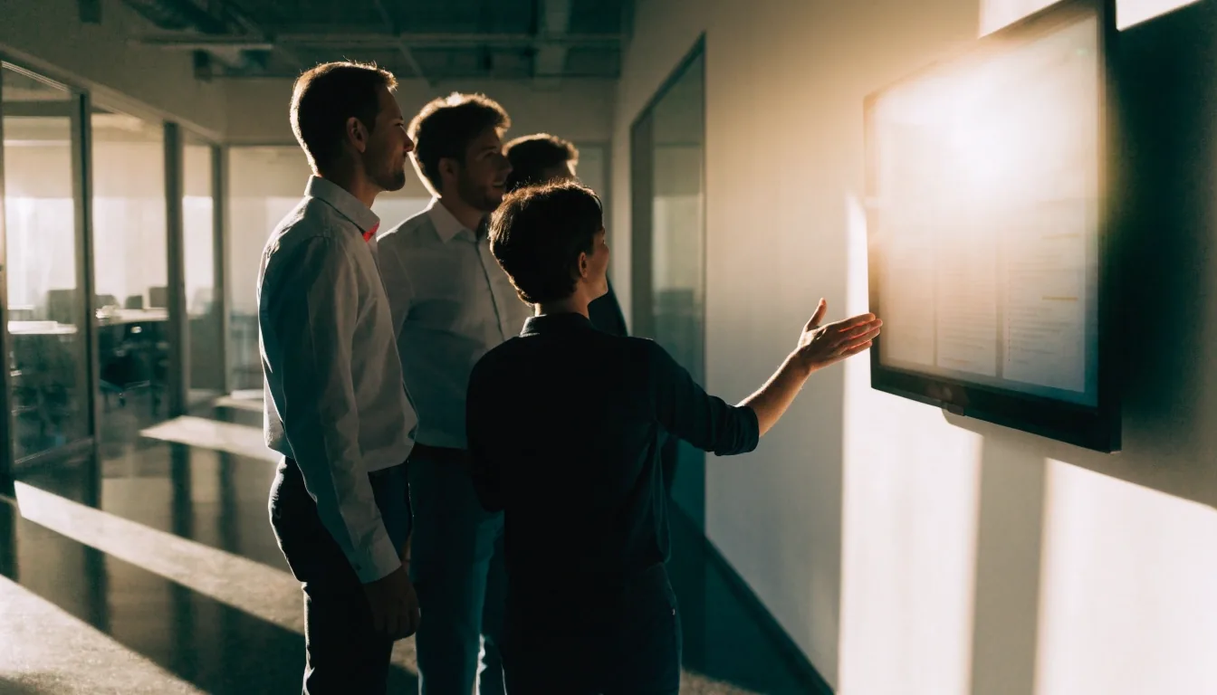 Team reviewing proposed page structure against a blurred wall display