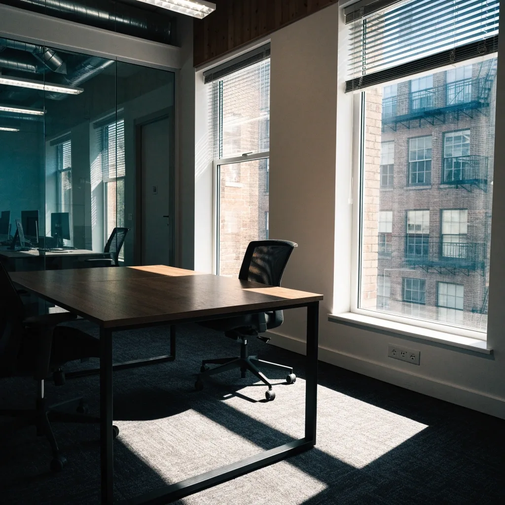 An empty meeting table in a bright Philadelphia office at midday, sunlight across the floor