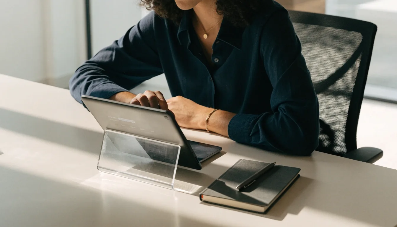 Analyst at a bright consultancy worktable reviewing browser settings with a closed laptop and a face-down page in noon light