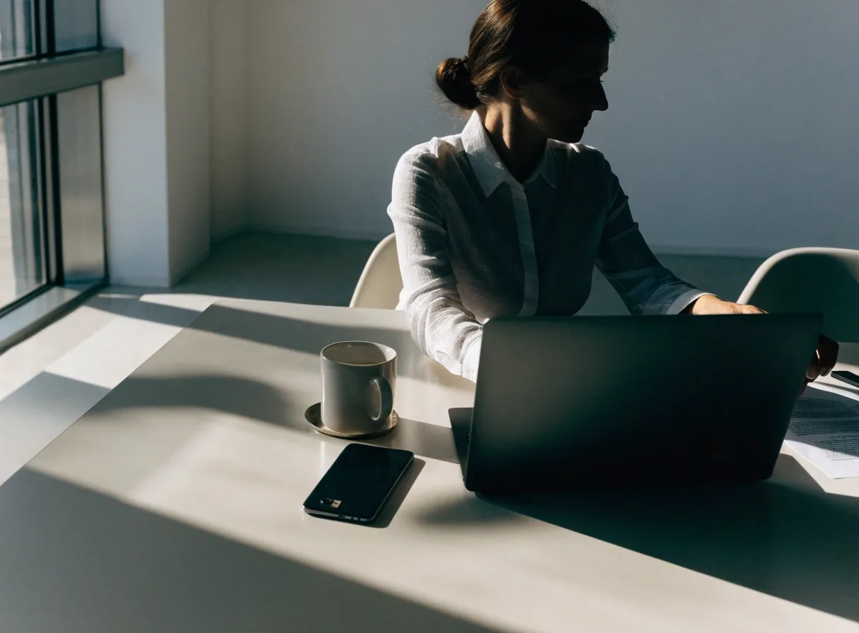 Two hands turning a laptop away from the camera on a pale desk under hard noon light, with a phone and mug set aside
