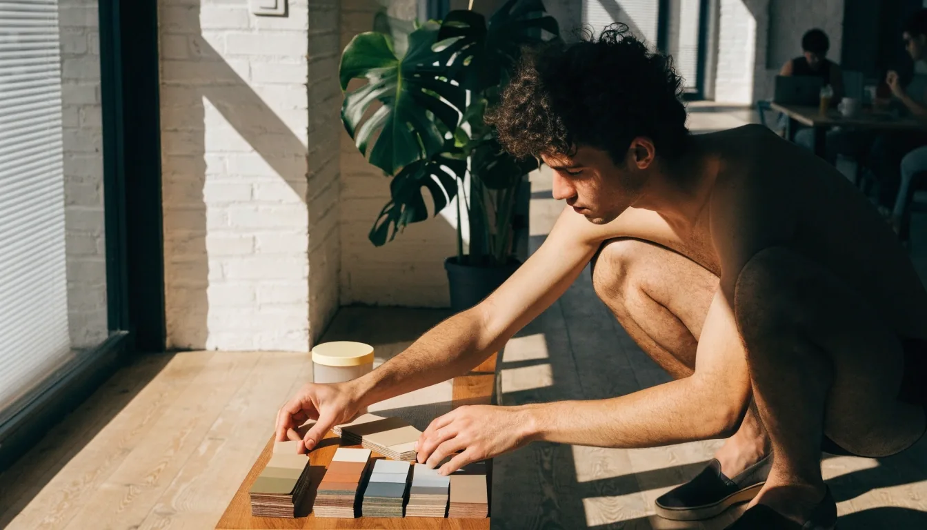 Founder reviewing work at a sunlit studio desk