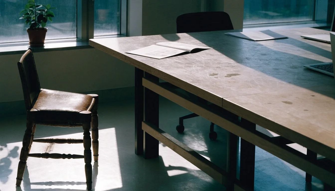 Hands working at a keyboard beside a coffee-ringed desk in daylight
