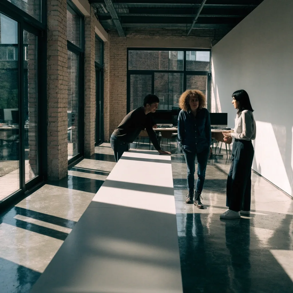 Three colleagues reviewing work in a bright open studio