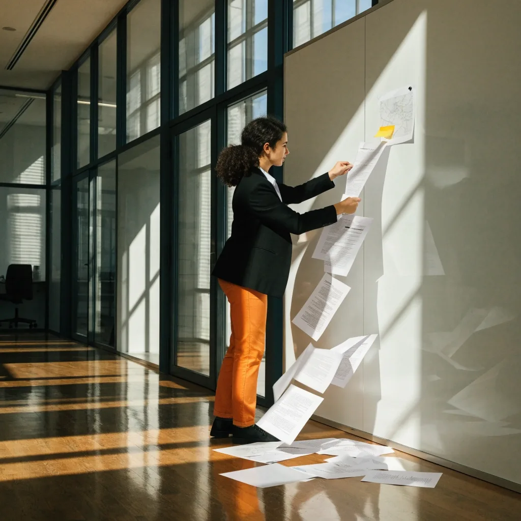 A printed page outline spread across a light desk with several sections crossed out in pencil