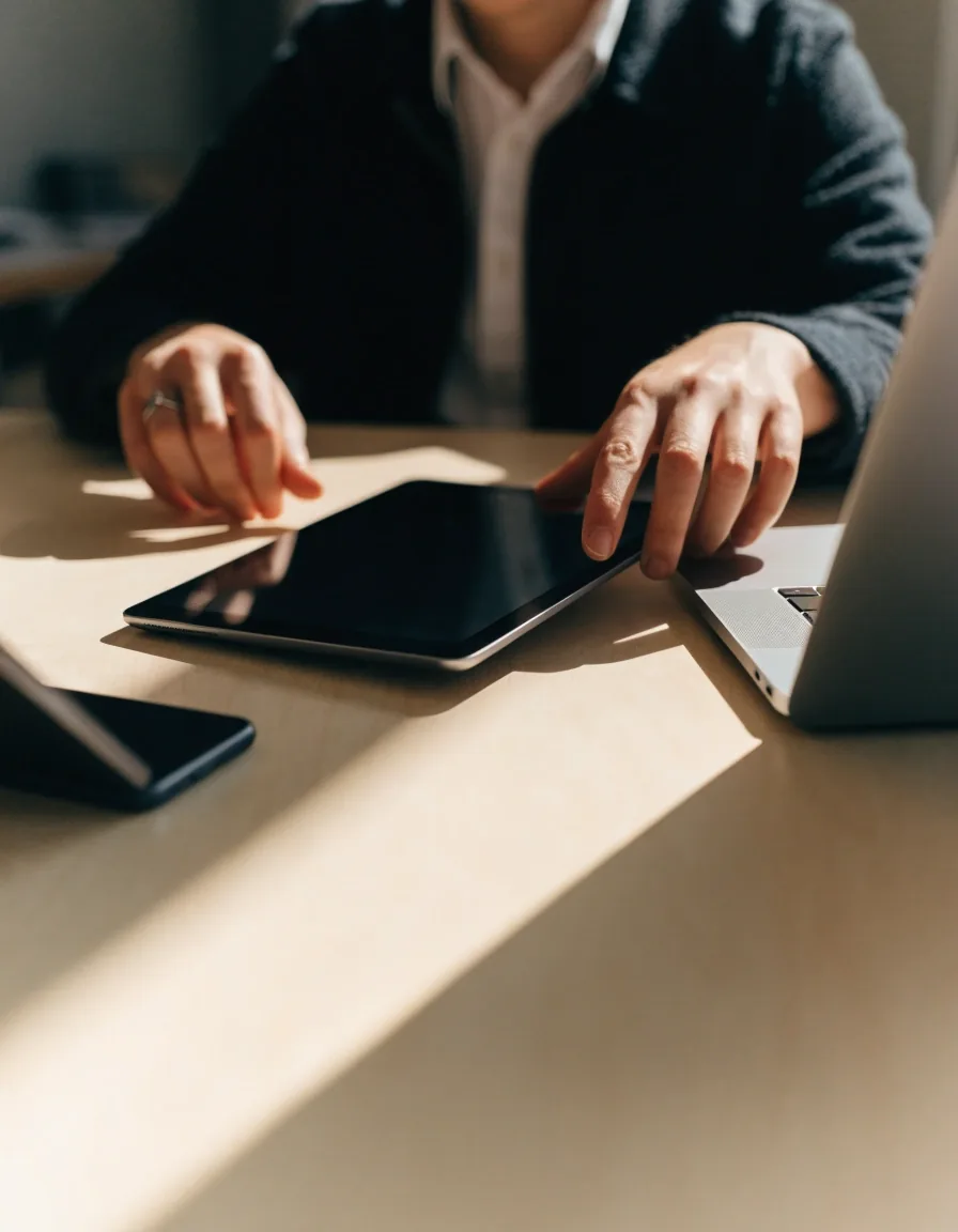 An engineer testing a page on three devices side by side across a bright studio table