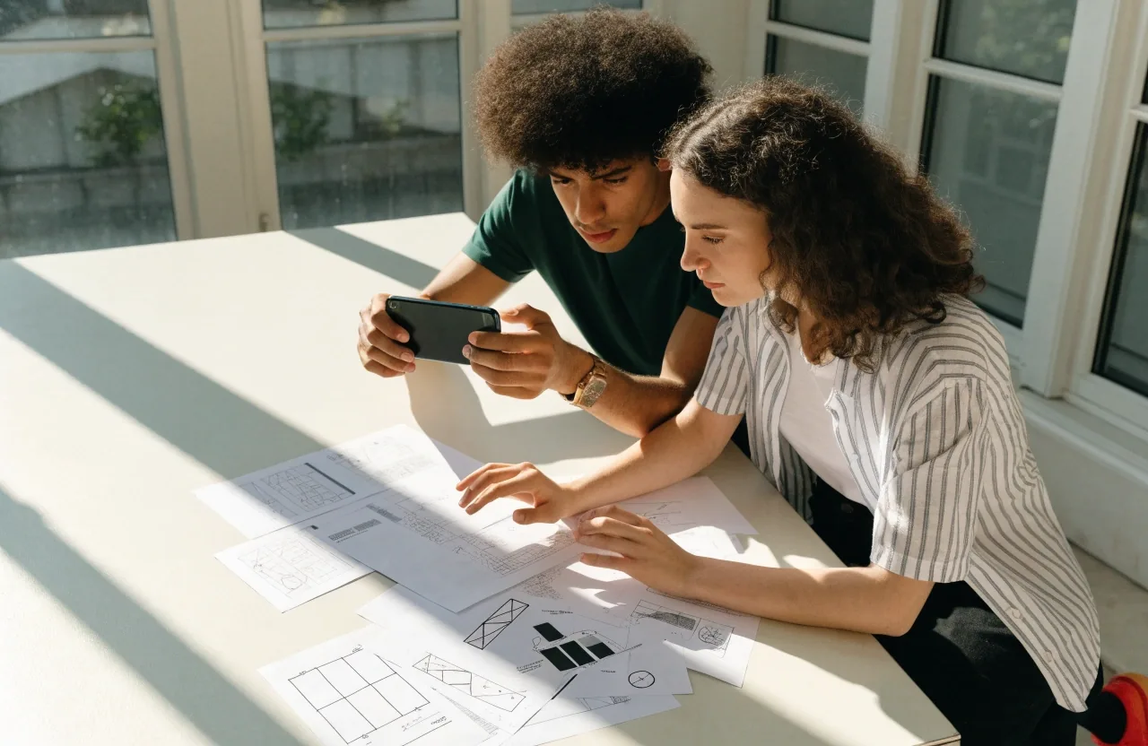 Two designers comparing wireframe sheets against a phone held at arm's length in daylight