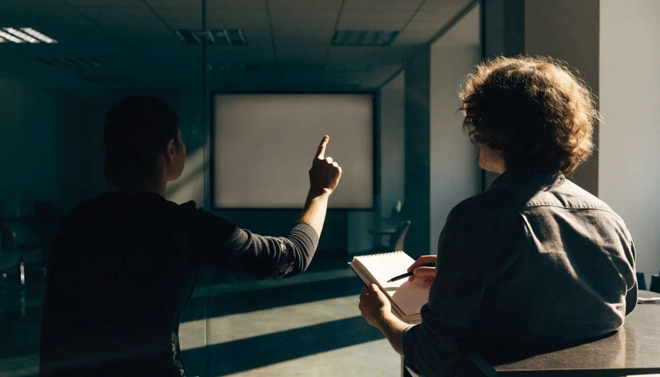 Two colleagues reading a scroll session together on a large screen turned away from the camera