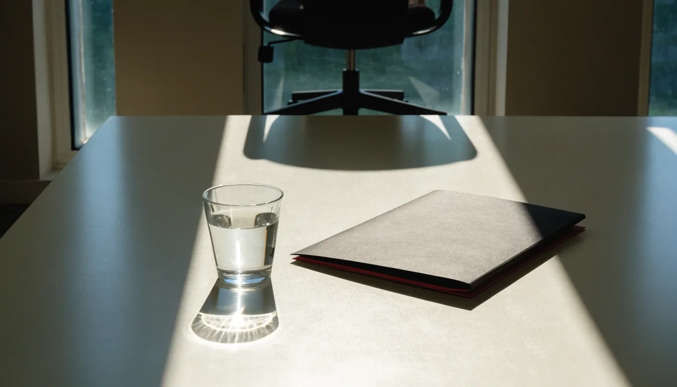 A closed folder on a bright desk in a sunlit office, photographed before a policy review