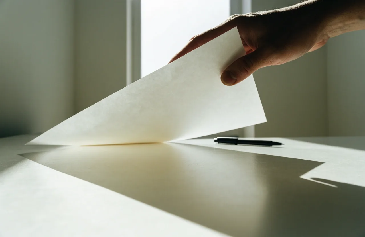 A hand sliding a blank sheet face-down across a daylit desk