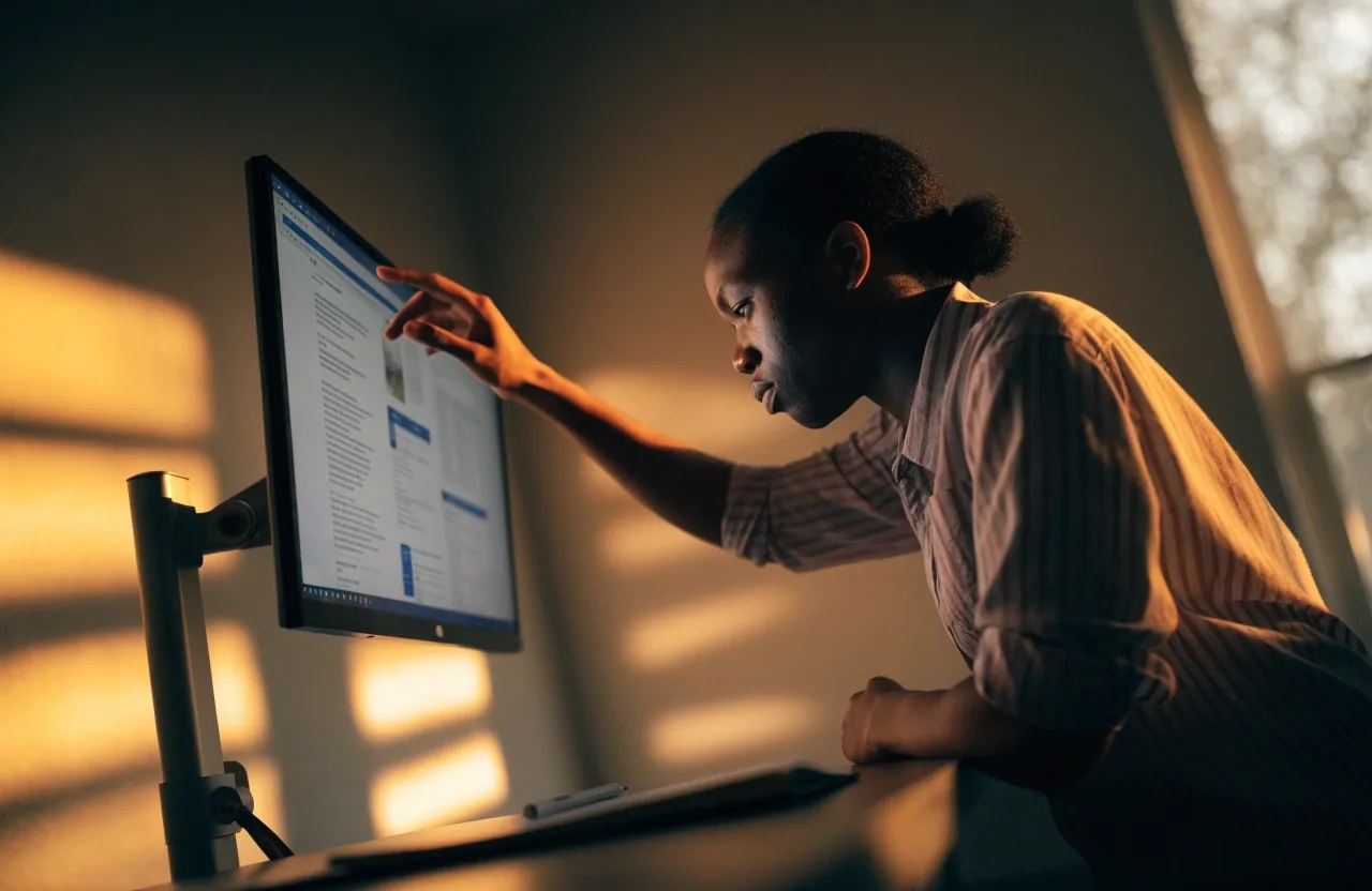 Hands at a keyboard on a sunlit desk during a page review