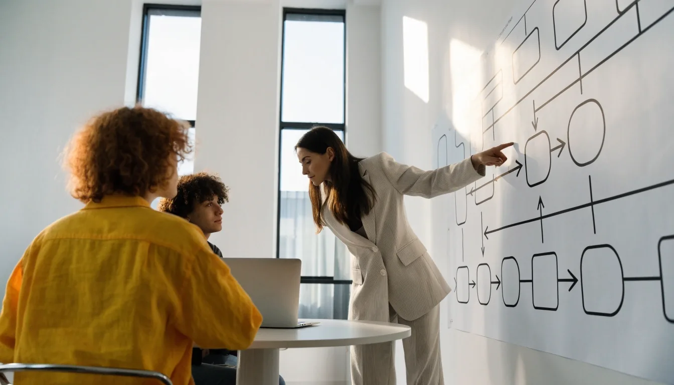 Three colleagues working at a sunlit desk while one gestures toward a wall