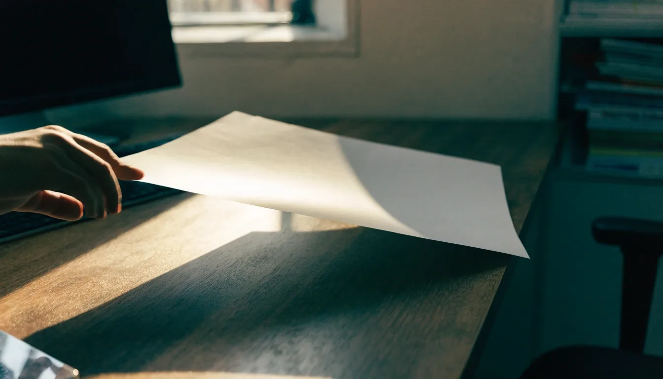 A blank sheet of paper being pushed across a sunlit desk, the reverse side catching the light